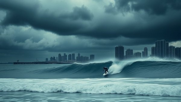 Surfer amidst California atmospheric river, facing flooding risks.