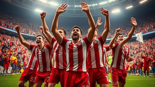 49ers players celebrating victory on the field in a lively stadium.