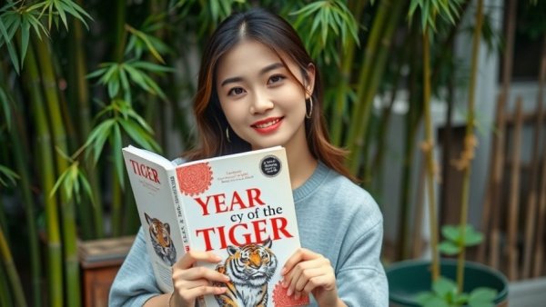 Alice Wong disability rights advocate holding 'Year of the Tiger' book, bamboo background.