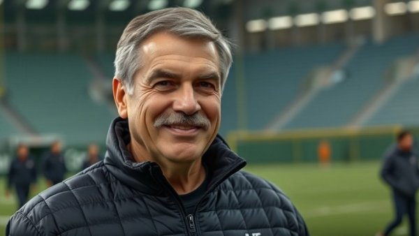 Smiling mature man in a sports field setting, Oakland.