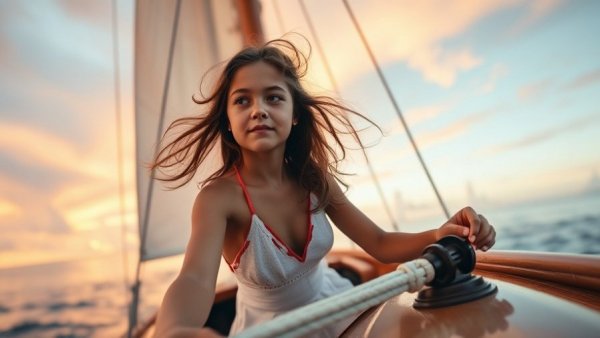 Live-action Moana sailing confidently under a dramatic sky.