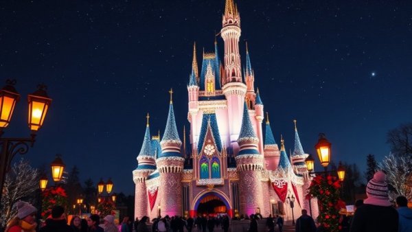 Festive illuminated Disney castle at night during Holidays at Disneyland 2025.