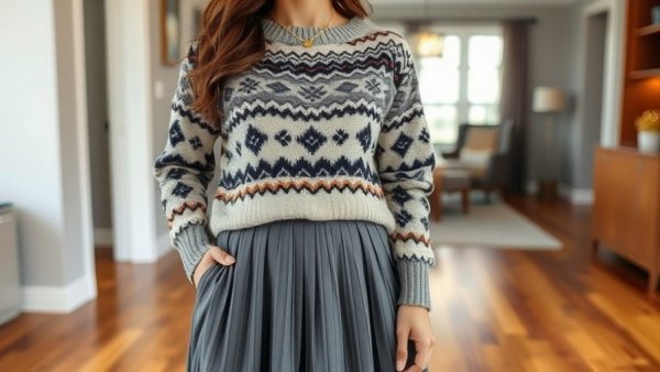 Woman models Fair Isle sweater and skirt for winter fashion.