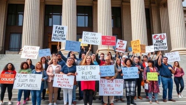 Protest for fair pay near warehouses, emphasizing traffic safety.