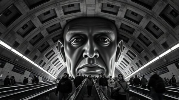 Impactful metro scene with commuters, large face superimposed.