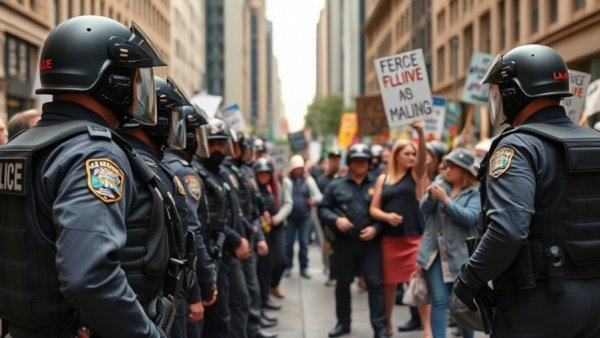 Federal law enforcement officers face protestors during California mask ban lawsuit.