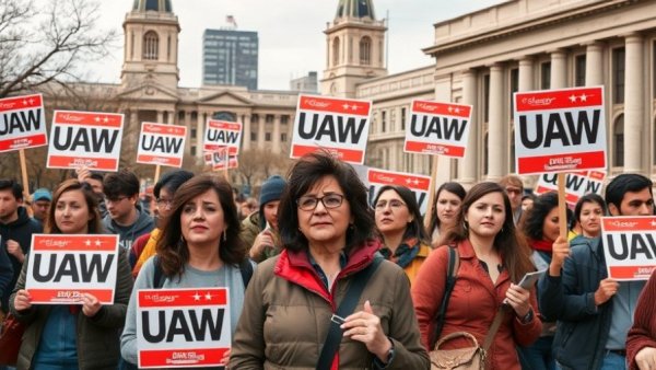 University of California strike for living wages protest with UAW signs.