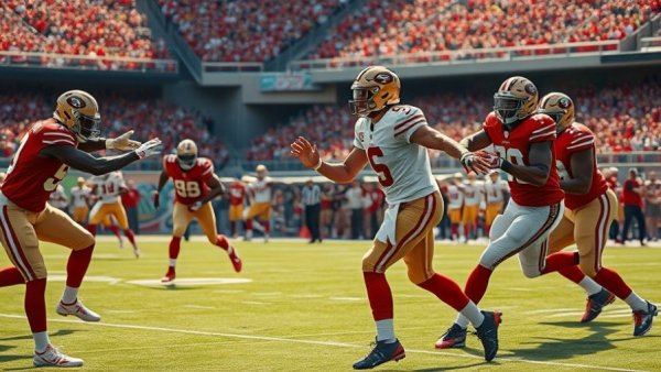 49ers quarterback signaling in a vibrant stadium during Arizona Cardinals game.