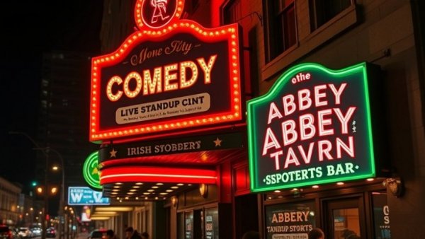 Mirthquake Monday Live Comedy at Abbey Tavern sign illuminated at night.