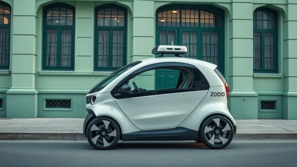 Zoox robotaxi parked in urban street with pastel green building.