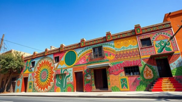 Colorful mural of Bissap Baobab facade with vibrant patterns.