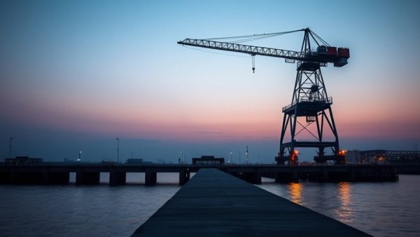 Twilight industrial waterfront with crane at Navy site.