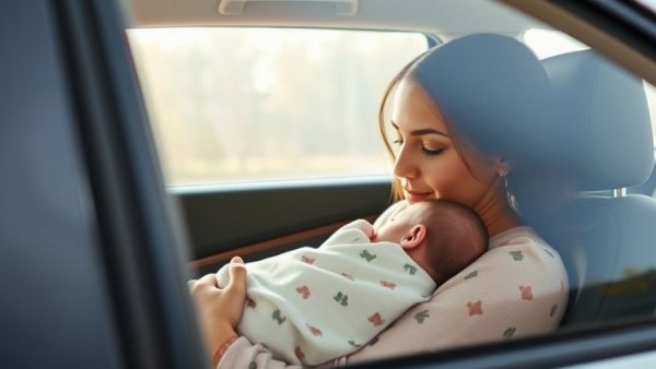Woman holds newborn after birth in car, conveying warmth and relief.
