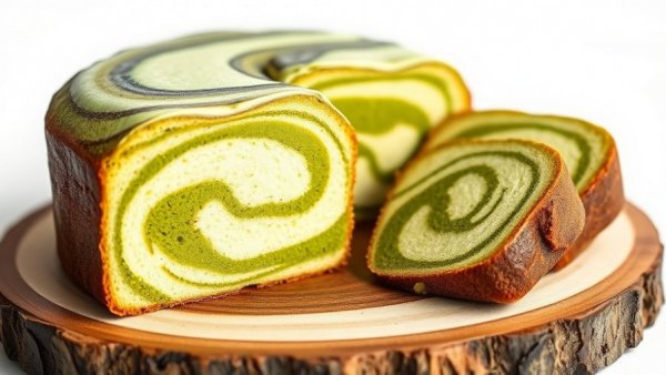 Sliced matcha marble cake on wooden board showcasing texture.