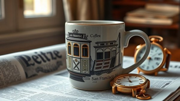 San Francisco themed coffee mug on newspaper, vintage style.