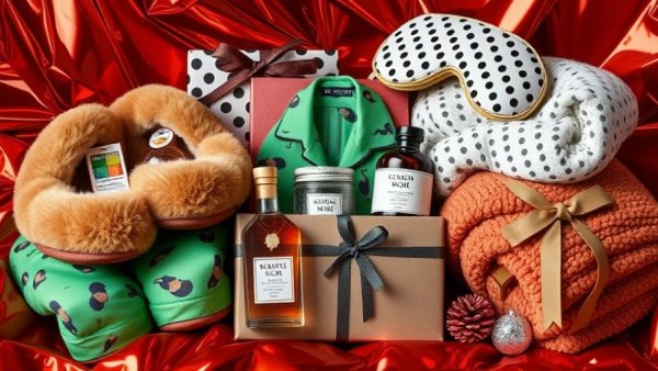 Eclectic cozy gifts arranged on red background, ideal for homebodies.