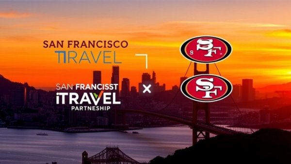 Golden Gate Bridge with San Francisco 49ers and San Francisco Travel logos.