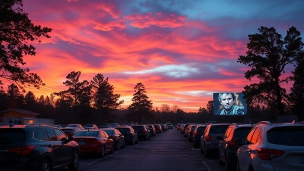 $6 Drive-In Movie Night in Concord under vibrant sunset.