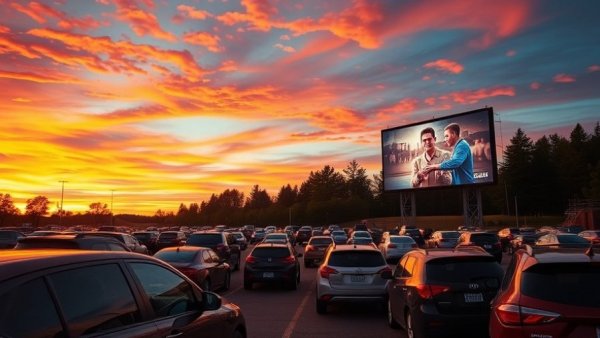 Vibrant drive-in movie at sunset with a packed audience and colorful sky.