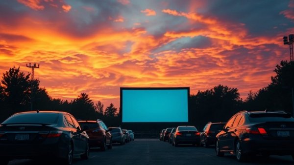 $6 Drive-In Movie Night under colorful sunset sky with many cars.