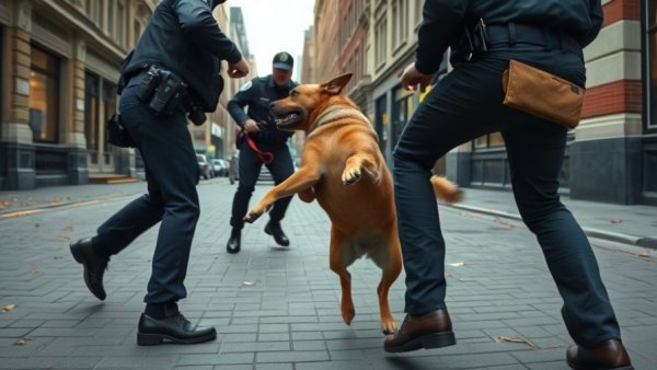 Officer confronting dog in SFPD shooting incident, cityscape tension.