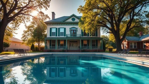 UC Berkeley fraternity house with pool under bright sunshine.