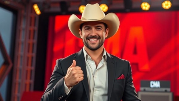 Man in cowboy hat introduces CMA Awards in red-themed studio.