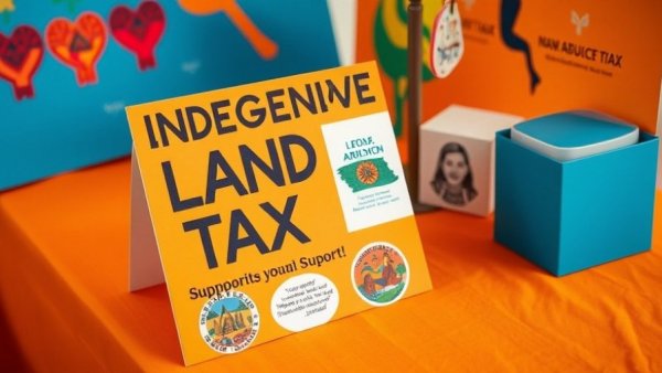 Advocacy display promoting Indigenous land tax and sovereignty.