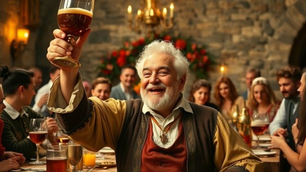 Joyful scene at Bracebridge Dinner Yosemite with performer raising goblet.