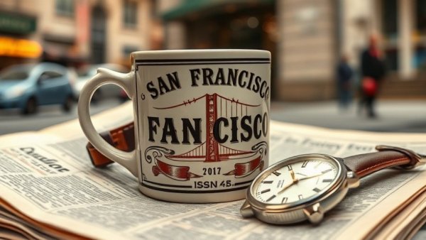 San Francisco coffee mug and watch on newspaper.