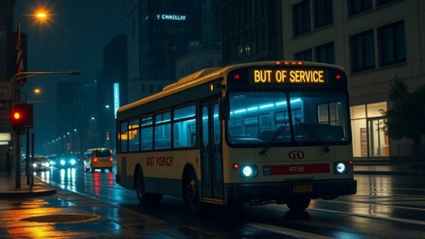 Out-of-service bus in rainy night reflecting transit funding cuts.