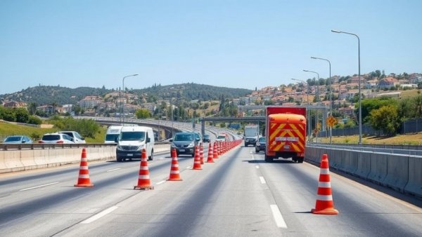 Highway scene with traffic cones and emergency vehicles under clear sky.