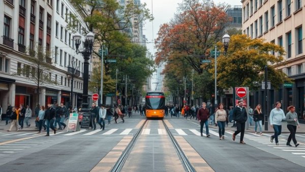 Urban freedom in car-dependent cities with pedestrians crossing tram tracks.
