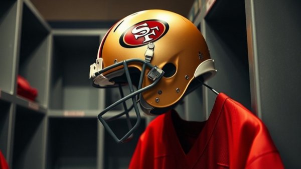 49ers helmet and jersey in locker room for practice squad announcement.