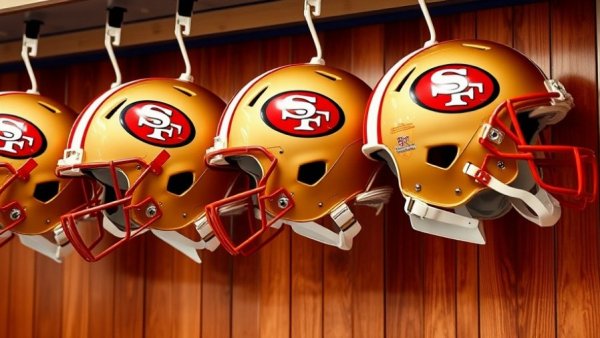49ers helmets in locker room setup, showcasing team logo.