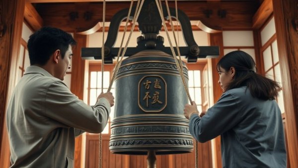 Participants at Japanese New Year Bell-Ringing Ceremony interacting with ropes.