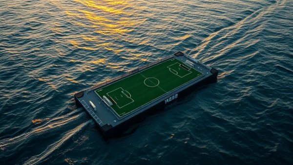 Floating soccer field in San Francisco Bay navigating waters at sunset.