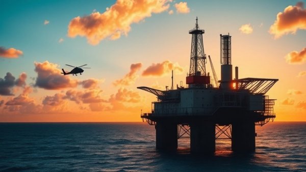 Offshore oil drilling policy explored through silhouetted oil rig and helicopter.