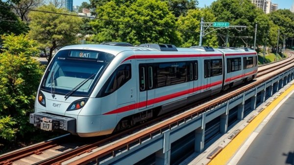 BART train on elevated tracks under clear sky, vibrant scene.