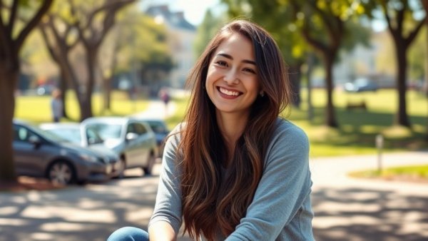 Young woman smiling in a park setting with cars in the background.