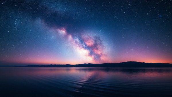 Stunning astrotourism scene with starry sky over water.