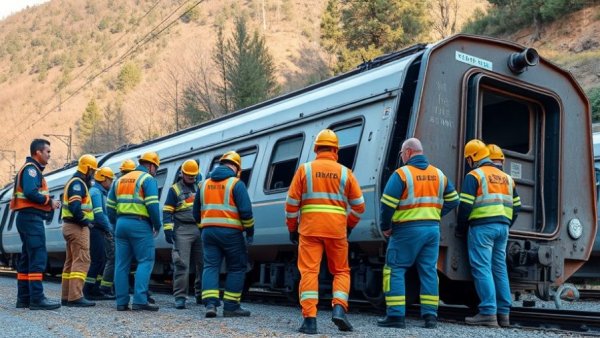 Emergency workers inspect derailed train after Muni safety incident.