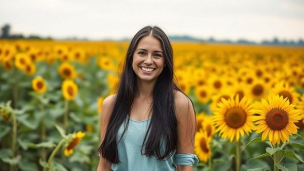 Young woman smiles in a sunflower field, showcasing Cynthia Sun beauty pageant.