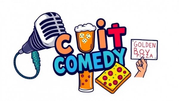 Coit Comedy Free Golden Boy Pizza themed illustration with various elements.