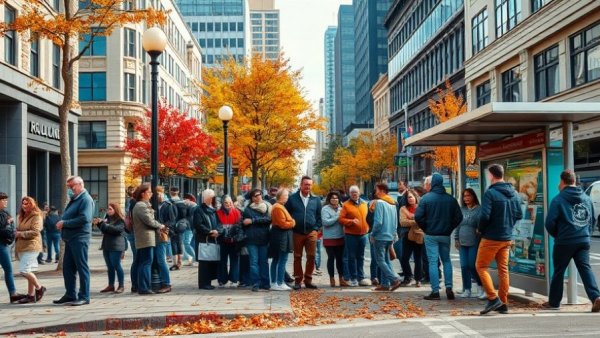 Diverse group at SF bus stop amid urban backdrop