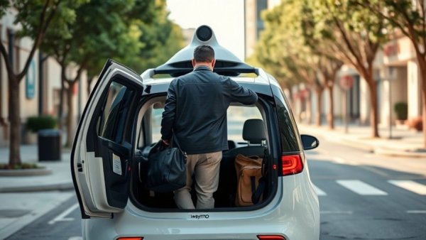 Waymo driverless taxi in urban setting, man exiting with a bag.