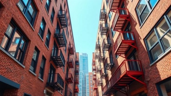 Narrow alley between urban buildings with fire escapes, daylight scene.