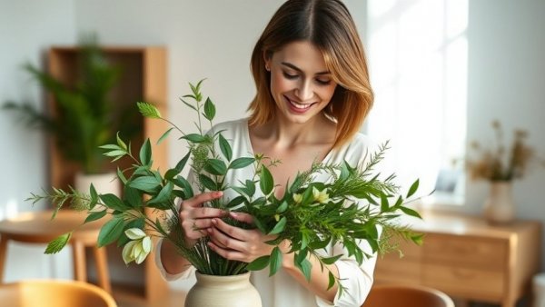 Smiling woman arranges flowers, embodying unique holiday activities 2025.