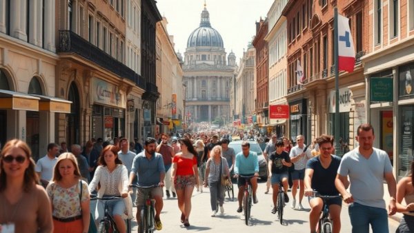 Austin street scene with diverse crowd, related to Austin Vision Zero initiative.