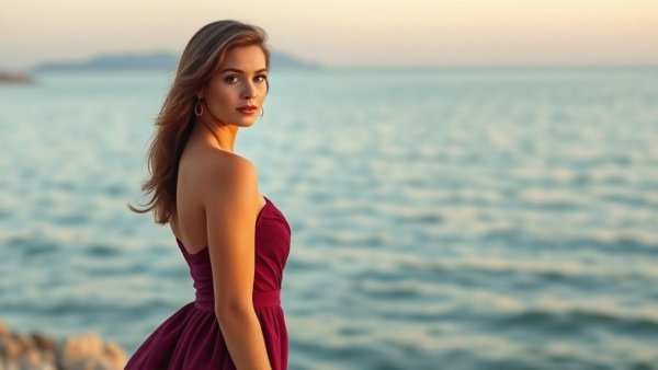 Elegant woman showcasing holiday fashion trends at sunset.
